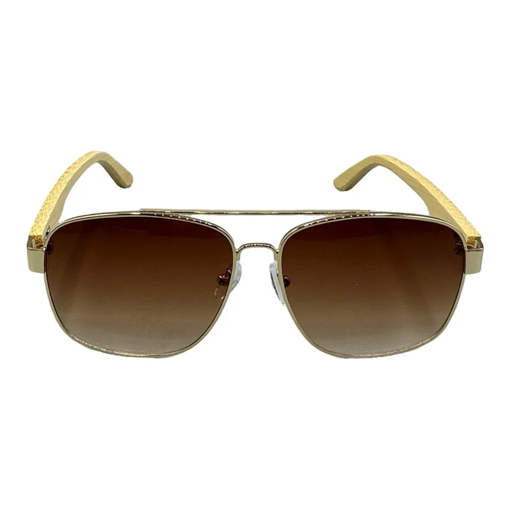 Sean Gold Aviator Sunglasses Brown Gradient Lens Wood Grain Temples